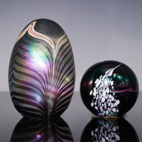 2pc Art Glass Paperweight Set, Balos and Iridescent Swirl