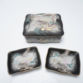 3pc Occupied Japan Moriage Dragonware Trinket Box and Dishes
