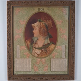 1900 French Art Nouveau Calendar Lithograph, Framed