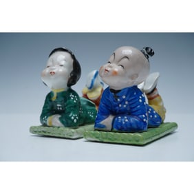 2pc Occupied Japan Porcelain Figurines of Reclining Children