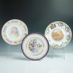 3pc Caverswall, and Royal Doulton Queen Mother Commemorative Plates