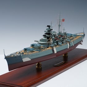 KMS Bismarck Scale Model Battleship on Wooden Base