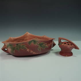 2pc Roseville Pottery Bleeding Heart Pink Planter & Frog (1 of 5)