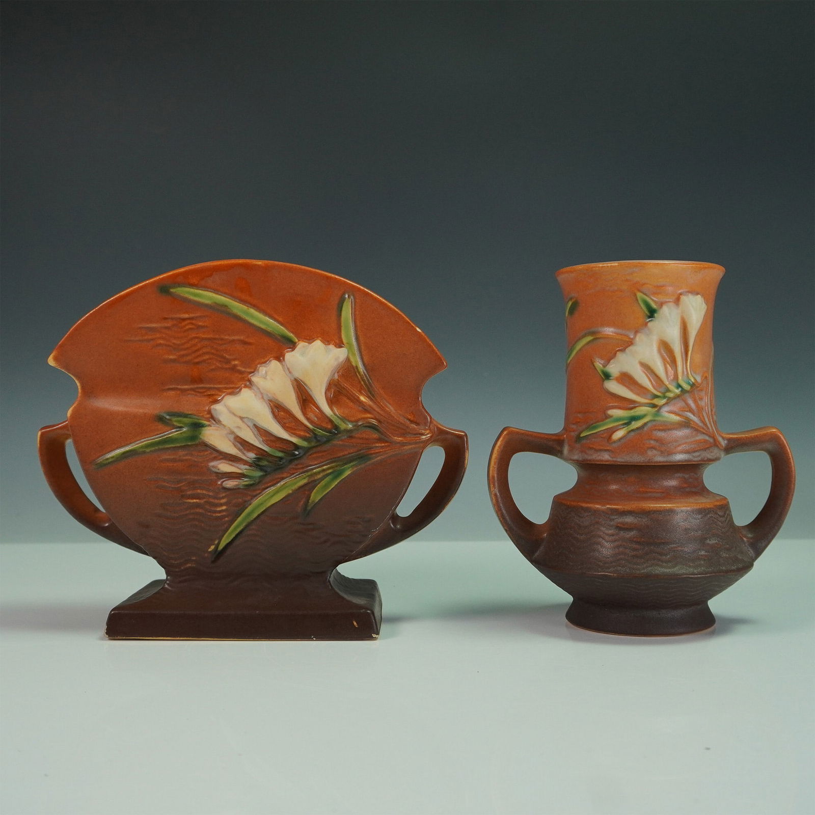 2pc Roseville Pottery Freesia Double Handle Vases (1 of 5)