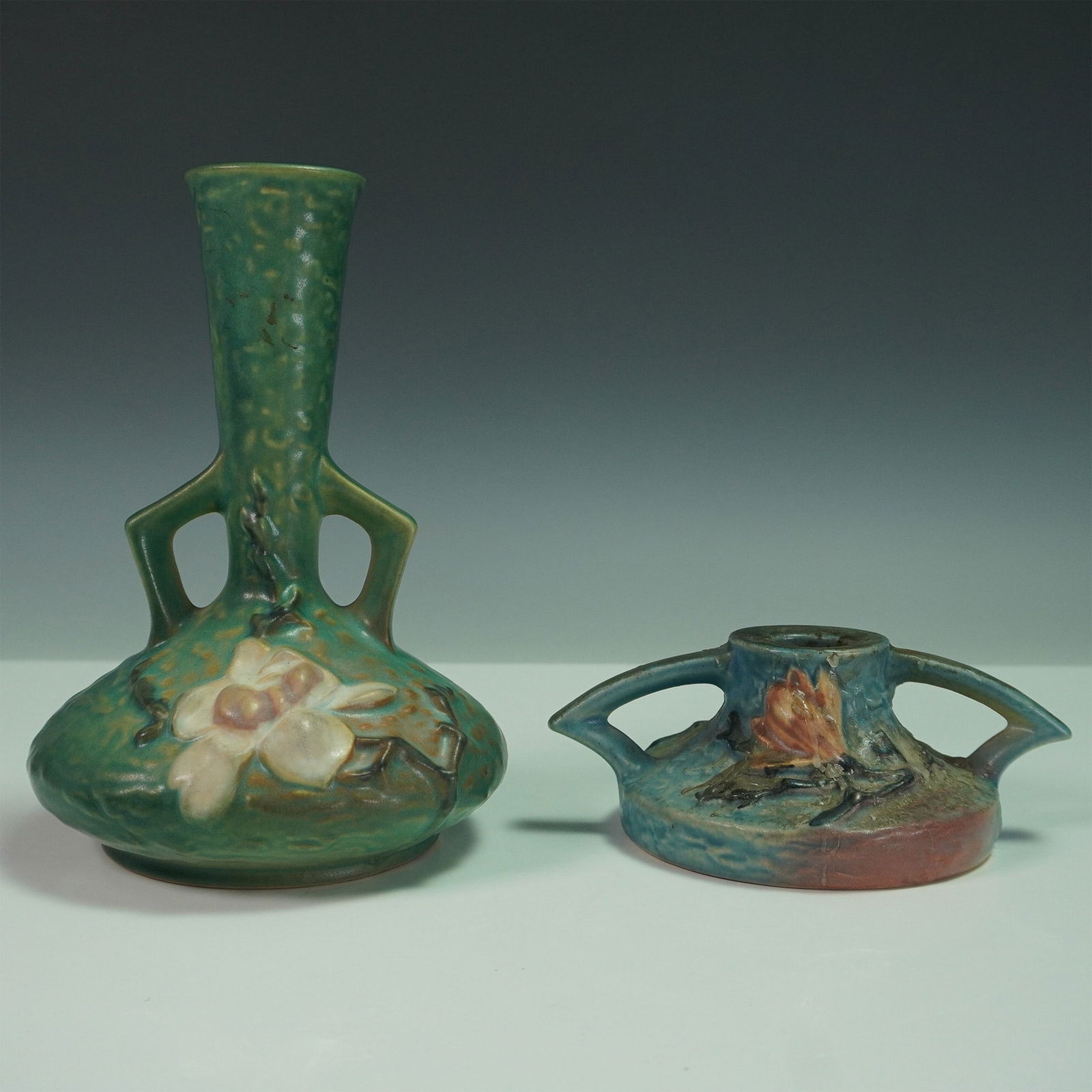 2pc Roseville Pottery Magnolia Bud Vase and Candle Holder (1 of 4)