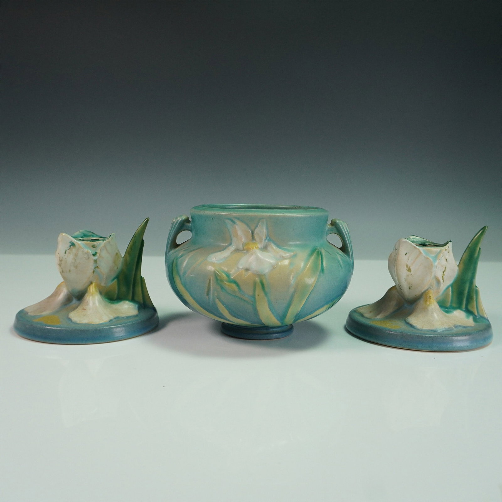 3pc Roseville Pottery Iris Candleholder and Bowl Set (1 of 4)
