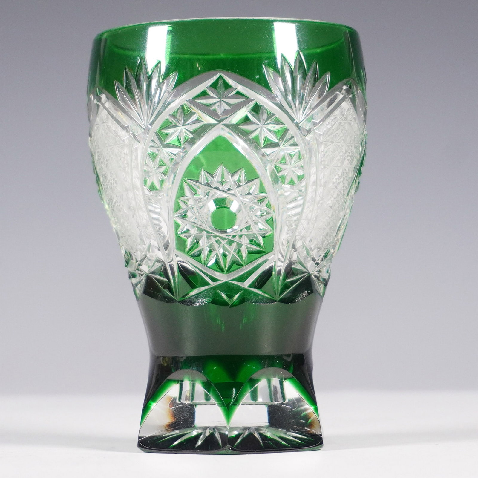 Bohemian Cut-to-Clear Green Crystal Vase with Hexagonal Base (1 of 4)