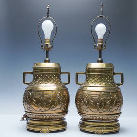 Pair of Brass Asian-Inspired Urn Table Lamps (1 of 7)