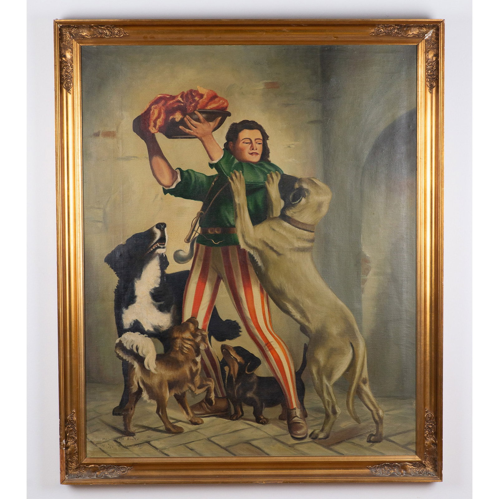 After Otto Bache, Original Oil on Canvas, Boy Feeding Dogs (1 of 4)