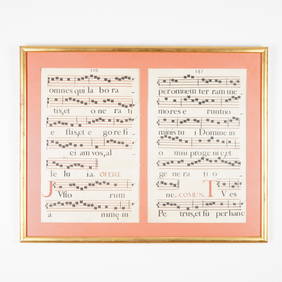 Illuminated Gregorian Chant Antiphonal Manuscript Pages, Framed (1 of 3)