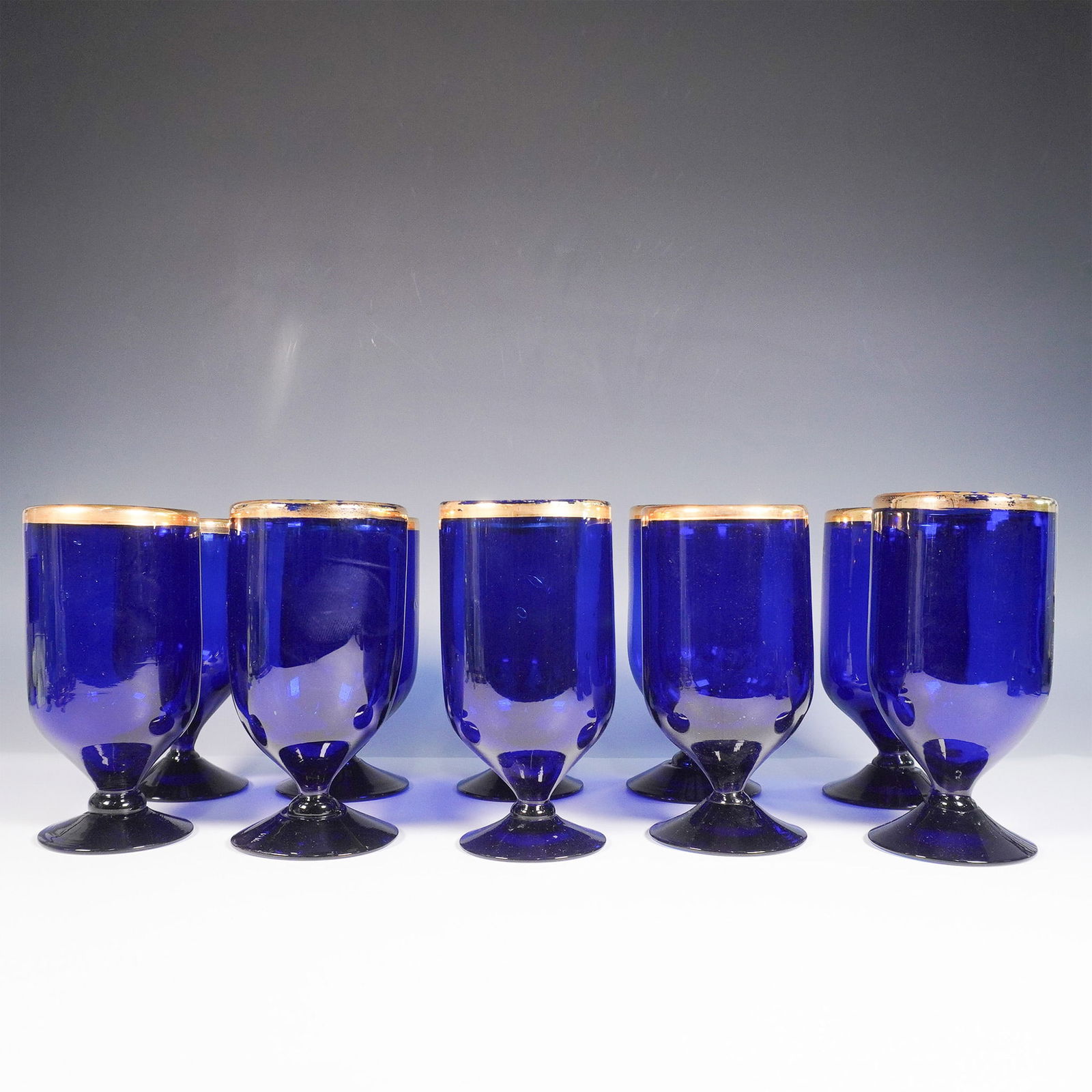 10pc Hand-Blown Cobalt Blue Goblets with Gilt Rim (1 of 3)