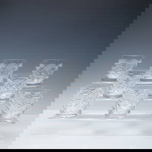 8pc Cristal Donau Cut Crystal Tumblers: A striking set of eight cut crystal tumblers by Cristal Donau, showcasing a brilliant lattice and fan motif expertly hand-cut into the surface. These lowball glasses are perfect for serving whiskey, c