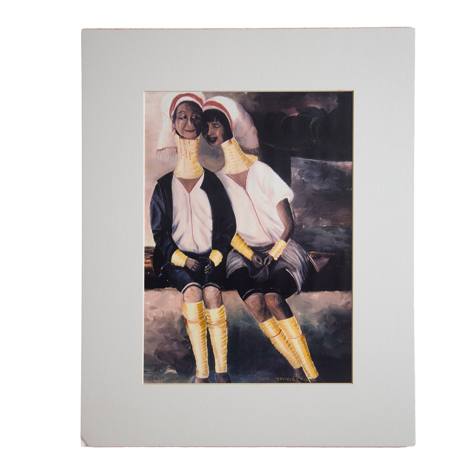 Tali Weiss, Color Print on Paper, Long Neck Women, Signed: Two Generations depicts two women from the Kayan Long Neck Tribe located in Thailand and is based on a painting by Floridian artist Tali Weiss. Includes an artist biography on the back of mat. Signatu