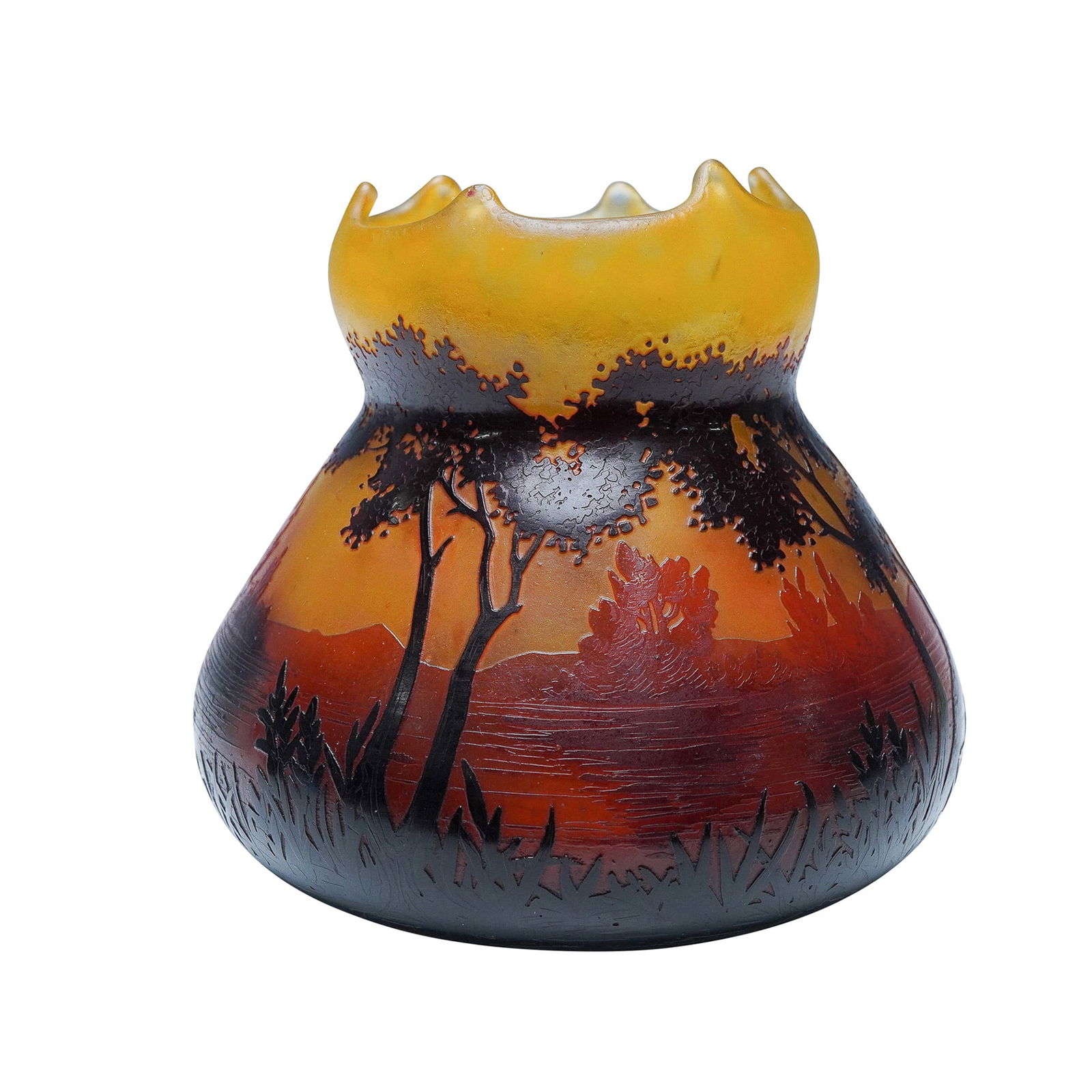 Daum Nancy French Cameo Glass Landscape Vase: A remarkable Daum Nancy French cameo glass vase featuring a scenic landscape motif with finely acid-etched trees, rolling hills, and a lake at sunset. The background transitions from a warm amber-yell