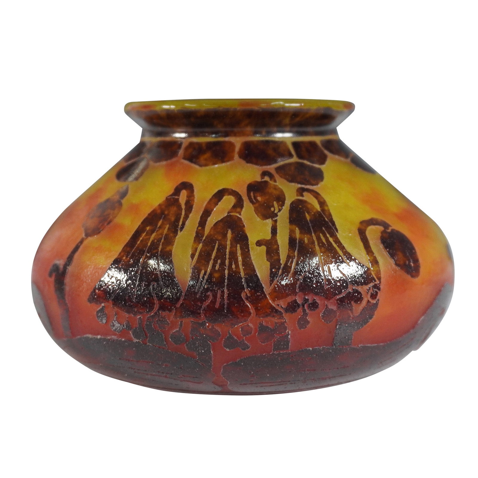 Le Verre Francais Art Nouveau Cameo Glass Vase: A stunning Le Verre Francais Art Nouveau cameo glass vase featuring a rich amber and deep red color palette. The acid-etched floral and botanical motifs are intricately designed, showcasing the exquis