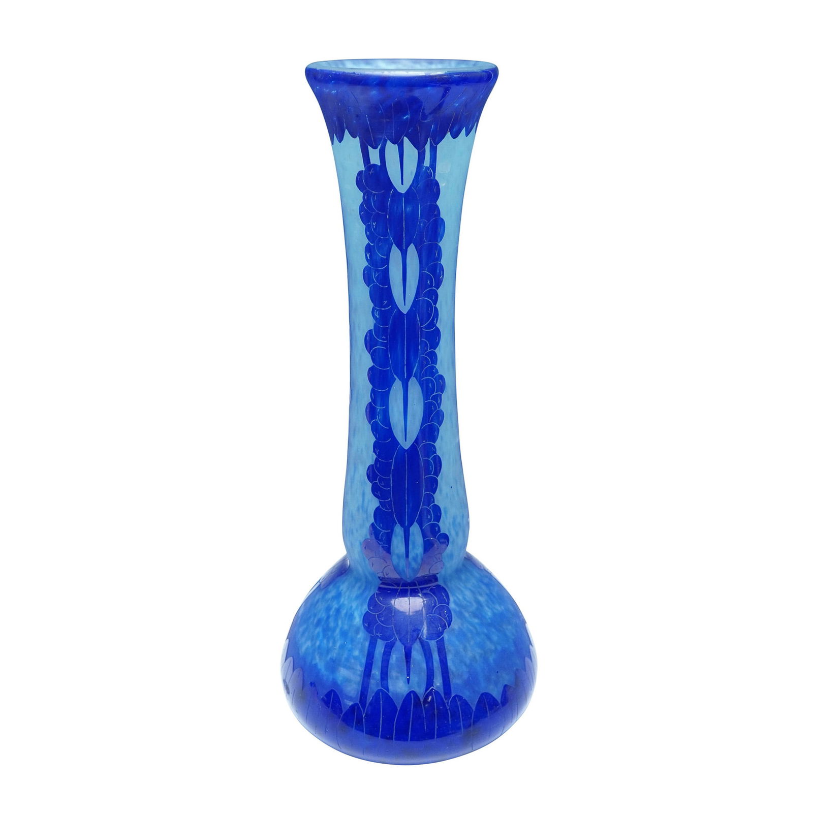 Charder Le Verre Francais Cobalt Art Glass Vase: A striking cobalt blue acid-etched art glass vase signed Charder Le Verre Francais the signature used by Charles Schneider (France, 1881-1953). This finely crafted piece showcases intricate cut-to-cle