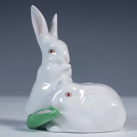 Herend Porcelain Figurine, Pair of White Rabbits (1 of 3)