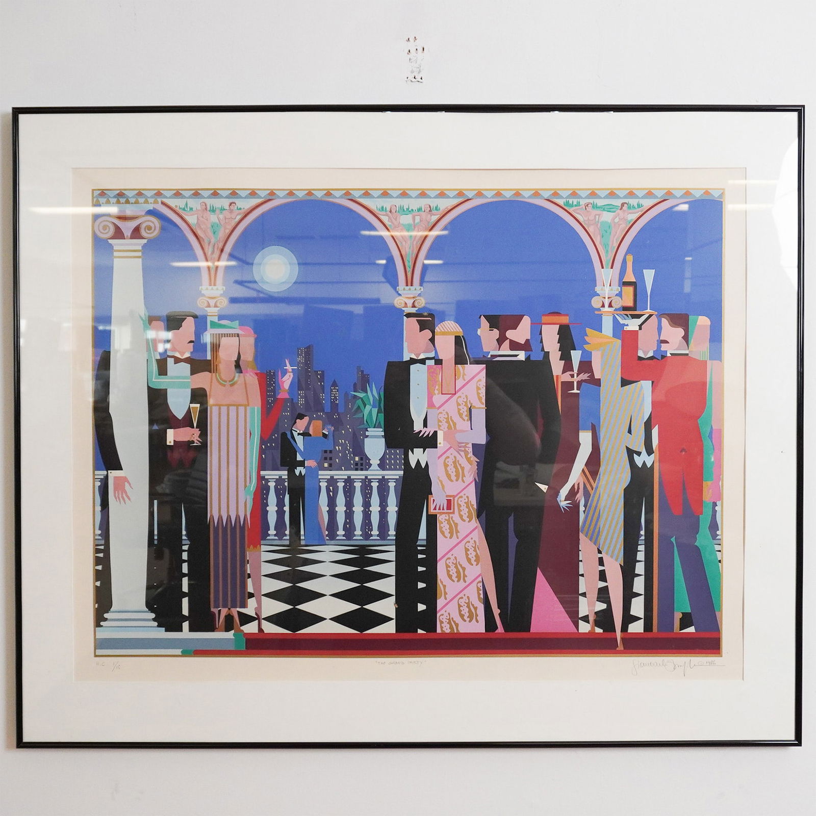 Giancarlo Impiglia, Art Deco Style Color Serigraph, The Grand Party, Signed: Vibrant color serigraph by Italian artist Giancarlo Impiglia titled The Grand Party, dated 1986. This artwork captures a lavish Art Deco-inspired social scene, featuring elegantly attired figures in g