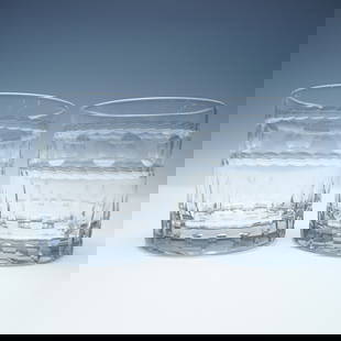 Pair of Cut Glass Double Old-Fashioned Tumblers: A pair of elegant cut glass double old-fashioned tumblers featuring a distinctive design with a faceted lower section and a raised bubble pattern encircling the upper portion. These glasses exhibit ex