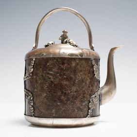 Antique Chinese Silver Lidded Teapot with Monkey and Frog Finial