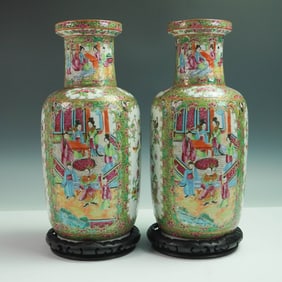 Pair of Chinese Rose Medallion Vases with Wood Bases