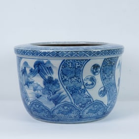 Chinese Blue and White Fish Bowl Planter with Mountain Scene