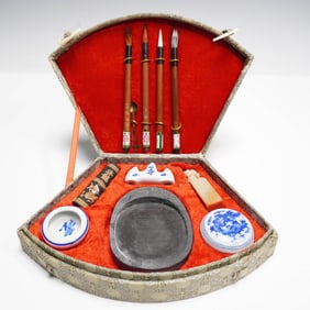 Chinese Calligraphy Set in Silk Brocade Case