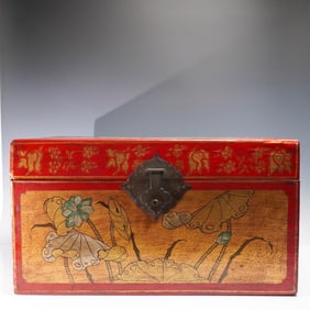 Chinese-Inspired Lacquered Wood Storage Trunk w/Painted Lotus & Calligraphy