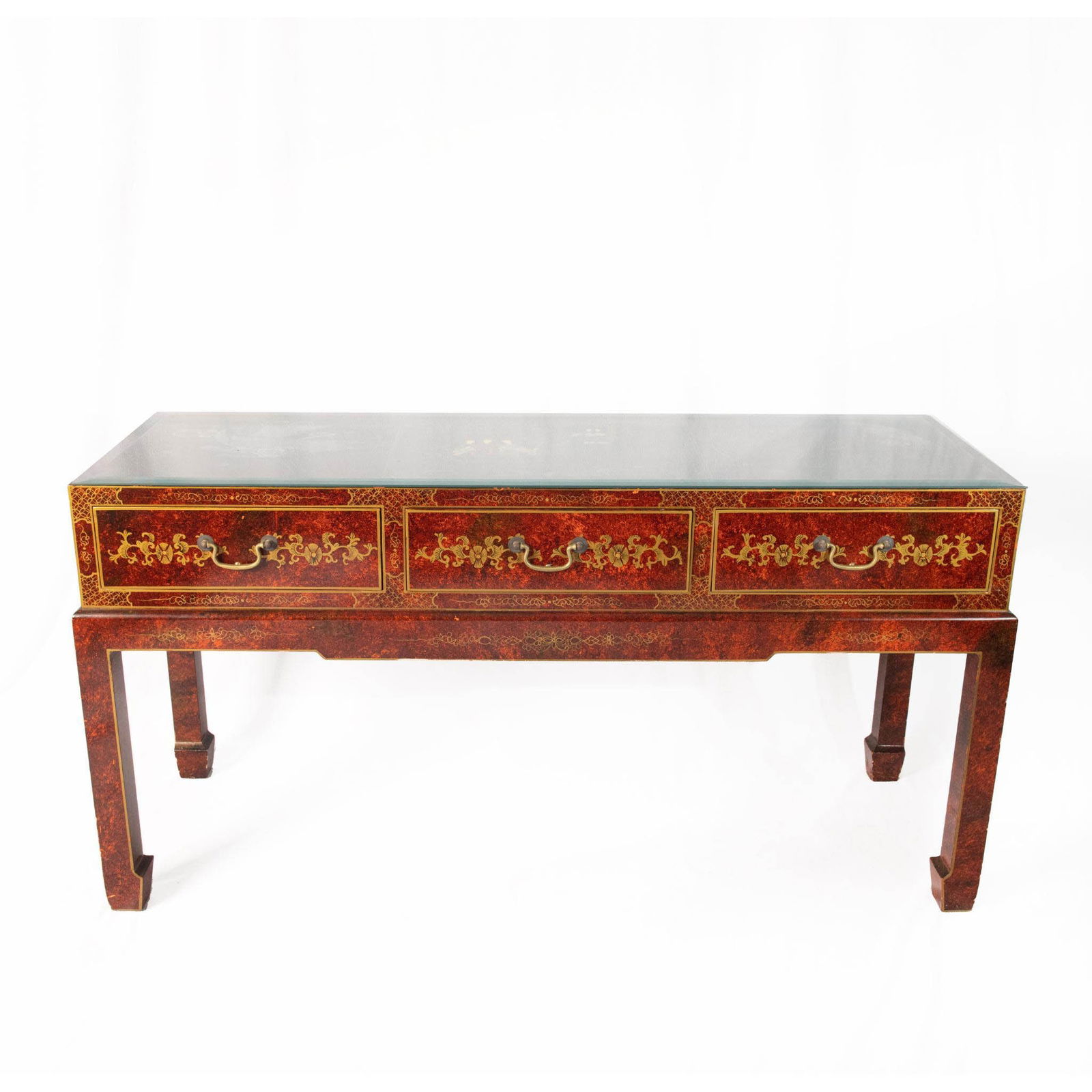 Chinese Marble Style Lacquer Console Table: An impressive three drawer wooden table in a painted reddish-brown marble style. The surface is painted with maidens in the center and birds with flowers on the sides, protected by a glass cover. Gild