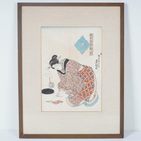 Utagawa Kunisada (Toyokuni) Woodblock Print Woman Making Puppets, Signed