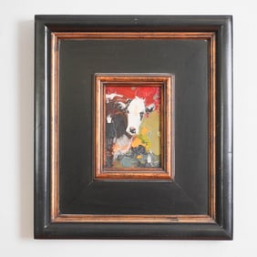 Ray Simonini, Expressionist Oil on Board, Cow Portrait, Signed
