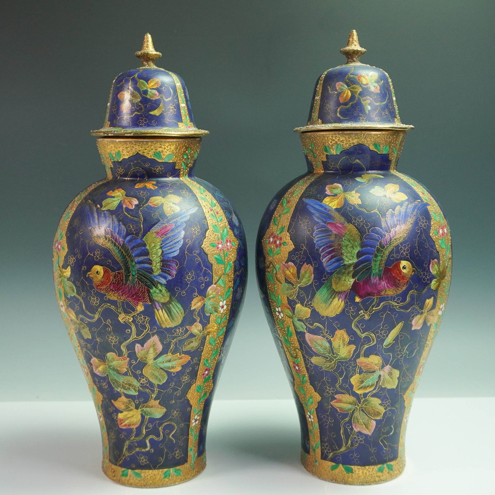 Pair of Lidded Porcelain Vases, Hand Painted Birds and Butterflies (1 of 5)