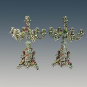 Pair of Dresden-Style Porcelain Candelabras with Cherubs and Flowers