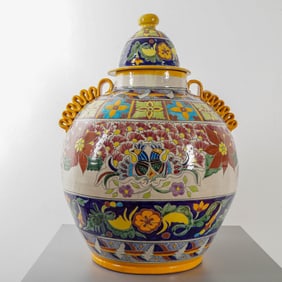 Large Mexican Talavera Pottery Lidded Jar with Birds and Florals