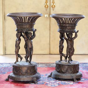2pc Bronze Cherub Planters, Basket Design Stands