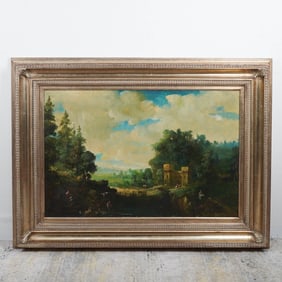 European Landscape Oil on Canvas With Castle and Figures, Signed