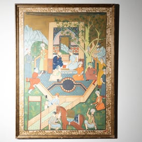 Large Original Persian Painting on Silk, Courtly Scene