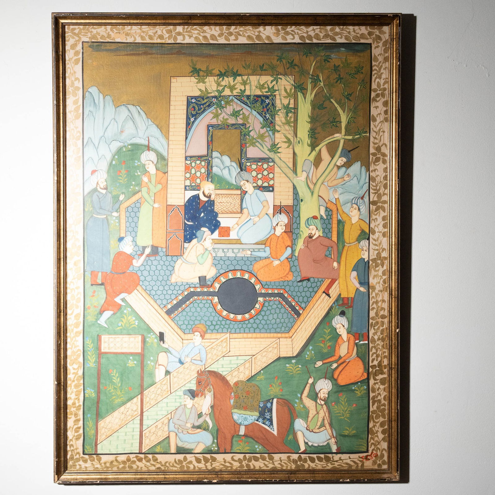 Large Original Persian Painting on Silk, Courtly Scene (1 of 3)