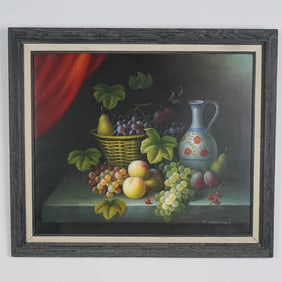 C. Freeman, Oil on Canvas, Fruits with Pitcher, Signed