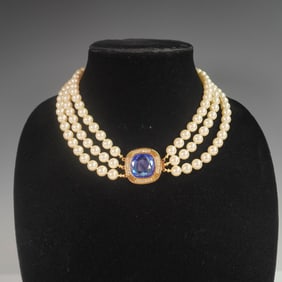 Swarovski Three Strand Faux Pearl Choker w/Blue Crystal & Rhinestone Clasp