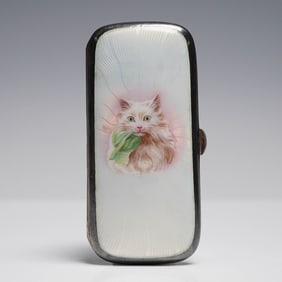 Sterling Silver 935 Guilloche Cigarette Case with Cat