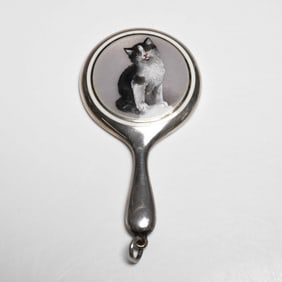 900 Silver Miniature Hand Mirror with Painted Cat