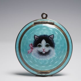French Guilloche Enamel Compact with Cat Decoration