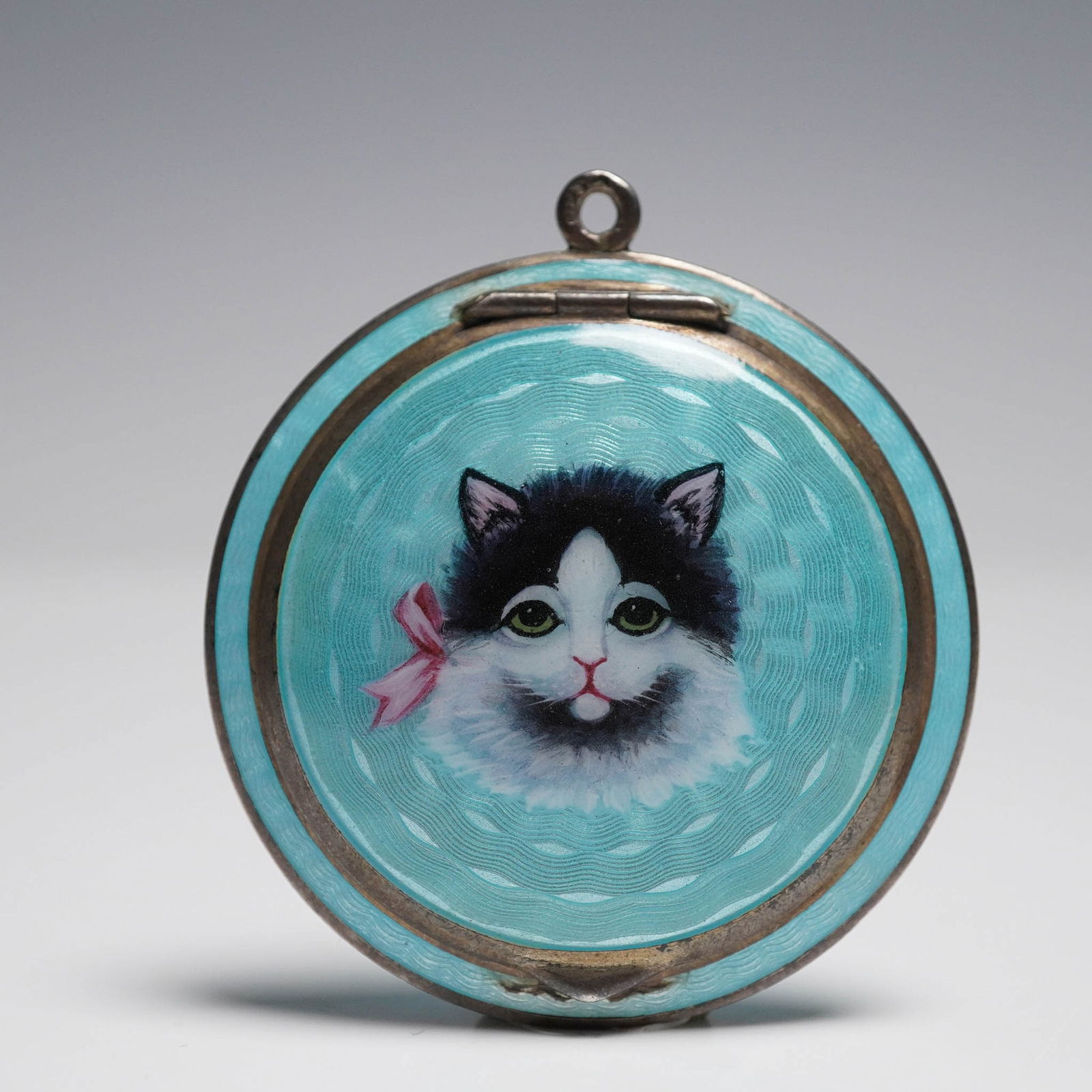 French Guilloche Enamel Compact with Cat Decoration (1 of 4)