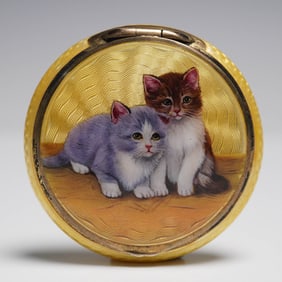 Sterling Silver 935 Guilloche Compact with Kittens
