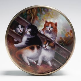 Silver Enamel Snuff Box, Hand Painted Kittens Scene Light Blue