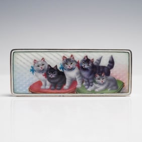 Sterling Silver Guilloche Enamel Box with Hand Painted Cats