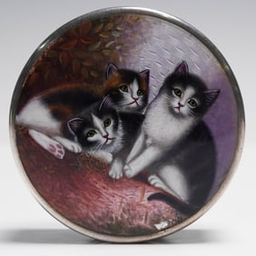 Swiss Silver Enamel Snuff Box, Kittens Scene Lavender