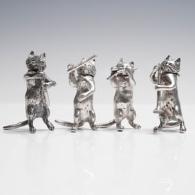 4pc Imported English Sterling Silver Cat Musician Figural Boxes