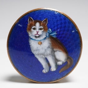 Enamel Pill Box with Hand Painted Cat Portrait